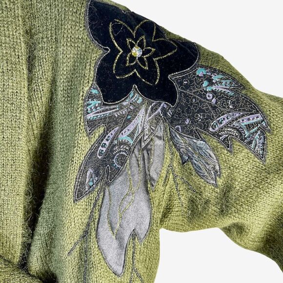 Cervelle Mohair Blend Cardigan Beaded Floral Applique Green Sweater Size L NEW - Picture 10 of 11